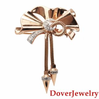 Vintage Retro Diamond 14k Rose Gold Bow Ribbon Tassel Dangle Pin 13.  1 Grams Nr