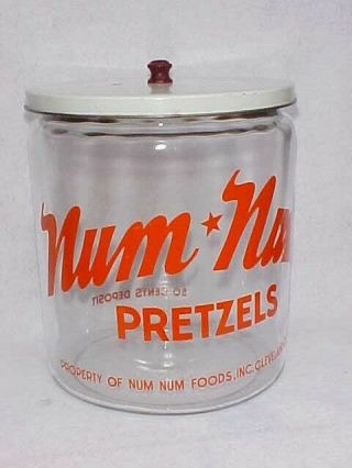 Vintage Num Num Pretzels / Peanut Jar W/ Tin Lid,  Tom 