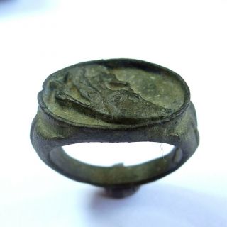 German Ancient Artifact Medieval Bronze Ring With Head Deer