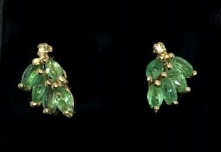 Antique Art Deco 9ct Yellow Gold Emerald And Diamond Earrings Aaa Stones Leaf