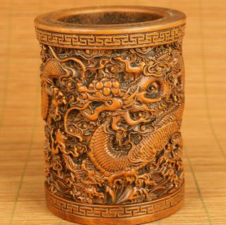 Rare Asian Old Boxwood Dragon Statue Brush Pot Table Home Decoration Noble Gift
