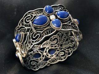 Antique Chinese Export Sterling Silver Blue Lapis Bracelet Hand Made.