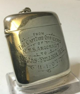 Antique Silver Vesta Case Presented From The Capt & Officers Hms Argonaut C1900