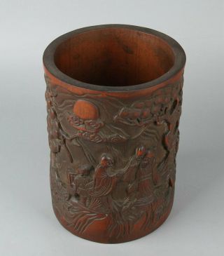 Chinese Exquisite Handmade Landscape People Carving Bamboo Brush Pot