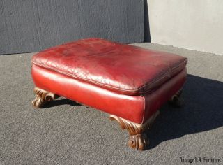 Antique Rustic French Country Red Leather Footstool Ottoman With Carved Legs