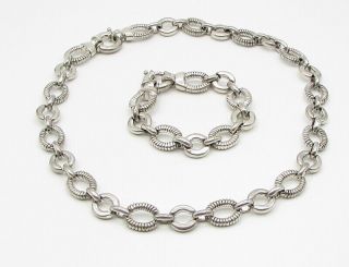 925 Sterling Silver - Vintage Contemporary Chain Necklace & Bracelet Set - T1024