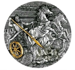 2019 2 Oz Silver $5 Niue Chariot Rydwan Warfare,  Antique Finish Coin.