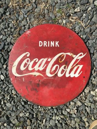Vintage 1950s Drink Coca Cola 2 Sided Metal Button Advertising Sign
