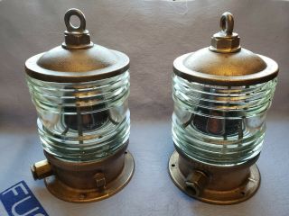 Pair Antique " Kondu " Brass Ship Navigational Lights With 360 Degree Fresnel Lens