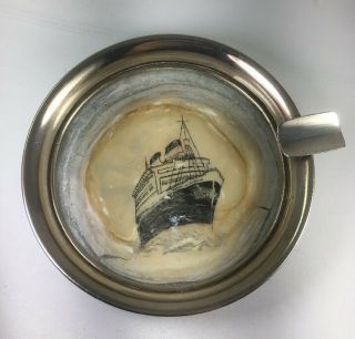Vintage 1959 Sterling Silver & Glass Ashtray Hand Painted Queen Elizabeth Ship
