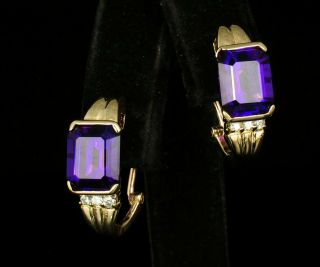 Vintage Natural 8.  12ctw Siberian Amethyst Diamond 14k Gold Huggie Hoop Earrings