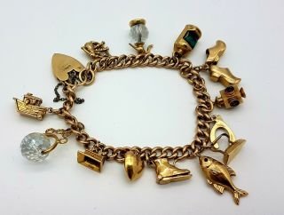 Ladies Vintage Solid 9ct Gold Charm Bracelet & Charms,  Heavy 38 Grams