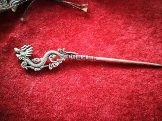 Chinese old Tibet silver Carving dragon Hairpin 2