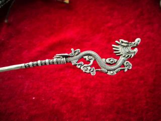 Chinese old Tibet silver Carving dragon Hairpin 3