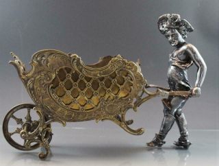 Antique Silver Plate Figural Center Piece Girl Pushing A Cart Wagon