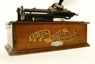 1902 Edison Home Phonograph w/Original Horn & Rare Dealer ' s Tag Banner Front 4