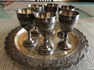 Seven Piece Cocktail Set Of Tray And 6 Cordials,  Silver 900 Binh Dinh Vietnam