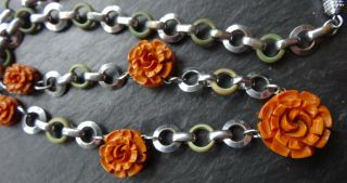 Vintage Art Deco Carved Butterscotch Bakelite Rose Flower Bead Chrome Necklace