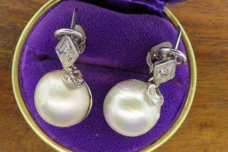Vintage Palladium Art Deco Antique Mabe Pearl Diamond Dangling Drop Earrings C4