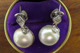 Vintage palladium ART DECO ANTIQUE MABE PEARL DIAMOND DANGLING DROP earrings C4 2