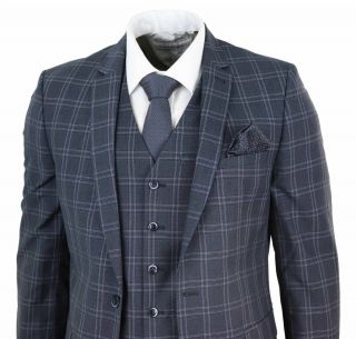 Mens Slim Fit 3 Piece Check Suit Prince Of Wales Classic Vintage Wedding Prom