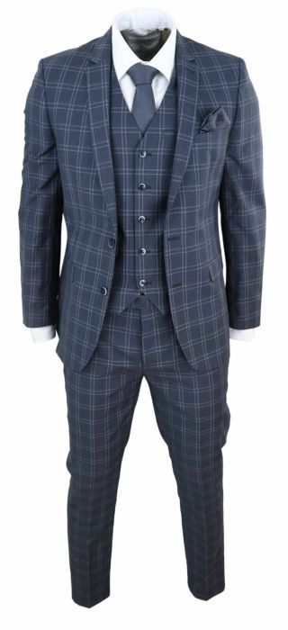 Mens Slim Fit 3 Piece Check Suit Prince Of Wales Classic Vintage Wedding Prom 2