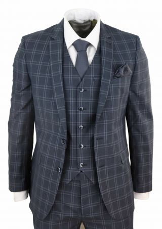 Mens Slim Fit 3 Piece Check Suit Prince Of Wales Classic Vintage Wedding Prom 4