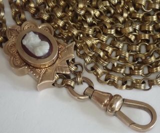 Long Antique Victorian Gold Filled Hardstone Cameo Slide Chain Necklace