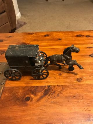 Vintage Cast Iron Metal Amish Horse Drawn Buggy Carriage Wagon With Driver,  Kids