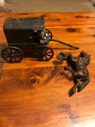 Vintage Cast Iron Metal Amish Horse Drawn Buggy Carriage Wagon with Driver,  Kids 4