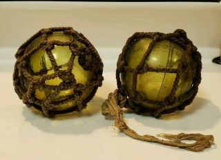 Vintage Japanese Glass Fishing Balls Olive Green Floats Buoy Nets