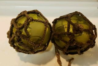 Vintage Japanese Glass Fishing Balls Olive Green Floats Buoy Nets 3