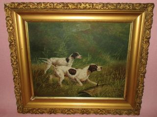 Antique 19th C Oil Painting Danish German Short Hair Pointer Dogs Landscape