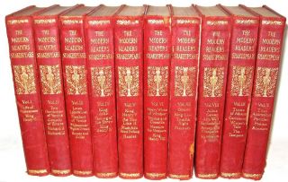 LEATHER Set; WILLIAM SHAKESPEARE ' s Complete Red• Antique Library 1909 old 2