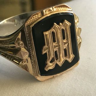 Vintage Ostby Barton 10 K Gold,  Sterling Silver Onyx Signet Letter M Mans Ring