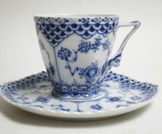 6 Rare Royal Copenhagen Blue Fluted Full Lace Gargoyle Cups & Saucers 1036