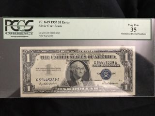 Fr.  1619 1957 $1 Silver Cert Error Note Mismatched Serial Numbers Pcgs 35 Vf Rare