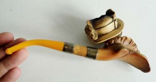 RARE CASED 19thC ANTIQUE F.  C.  CARVED LADY MEERSCHAUM PIPE - TWIN SILVER MOUNTS 10