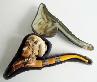 Rare Cased 19thc Antique F.  C.  Carved Lady Meerschaum Pipe - Twin Silver Mounts