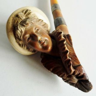 RARE CASED 19thC ANTIQUE F.  C.  CARVED LADY MEERSCHAUM PIPE - TWIN SILVER MOUNTS 3