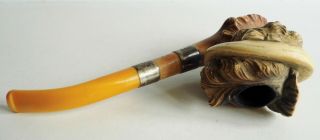 RARE CASED 19thC ANTIQUE F.  C.  CARVED LADY MEERSCHAUM PIPE - TWIN SILVER MOUNTS 4