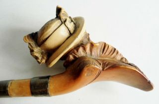 RARE CASED 19thC ANTIQUE F.  C.  CARVED LADY MEERSCHAUM PIPE - TWIN SILVER MOUNTS 5