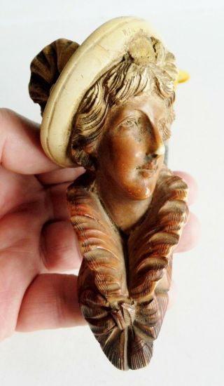 RARE CASED 19thC ANTIQUE F.  C.  CARVED LADY MEERSCHAUM PIPE - TWIN SILVER MOUNTS 9