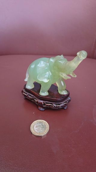 Antique Chinese Carved Jade Elephant On Hardwood Stand