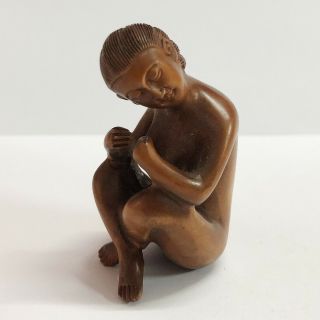 19th Japanese Handmade Boxwood Wood Netsuke " Yoga Women " Figurine Carving W9