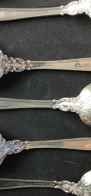 9 GORHAM CHANTILLY STERLING SILVER TEA SPOONS OLDER HALLMARKS 5 3/4” 255 GRAMS 8