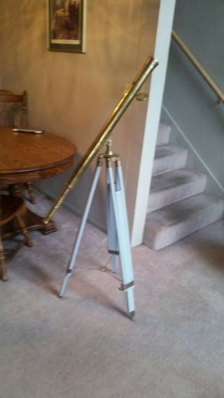 Vintage All Brass Telescope On Wood Tripod Stand.  Floor Stand Telescope