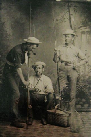 Antique Tintype Photo 3 Fishermen Smoking Pipes With Their Fishing Poles & Lure
