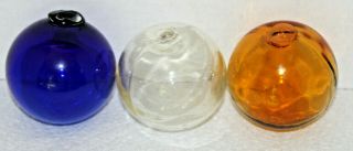 Three Vintage Japanese Glass Balls Amber Blue Clear Fishing Floats 3 "