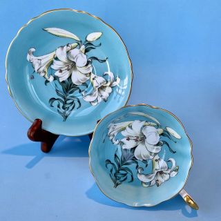 Vintage Paragon Blue Teacup & Saucer Large White Easter Lily